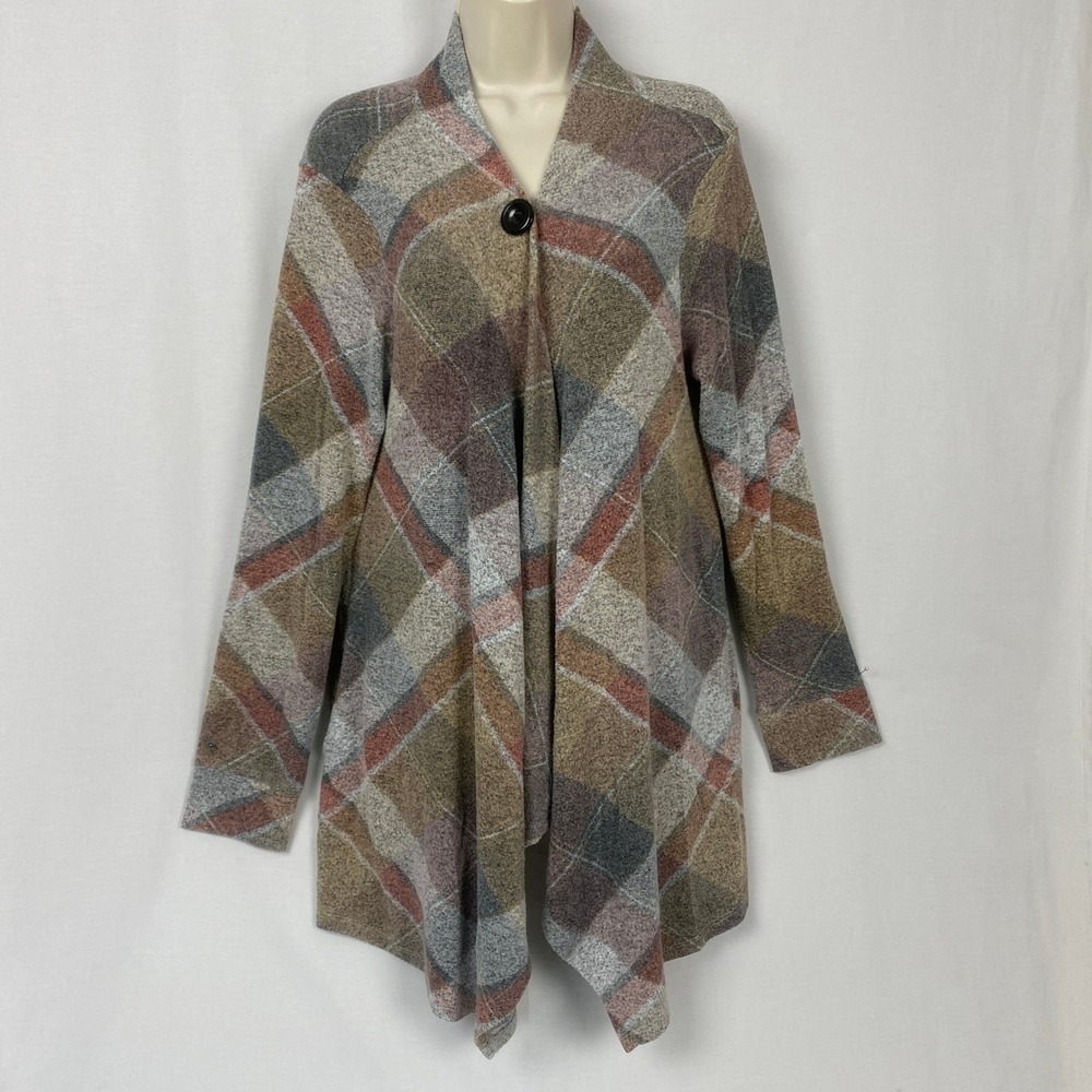 Soft Surroundings Plaid Cardigan Womens XL Brown Grey Earthy Cozy Fall Lagenlook